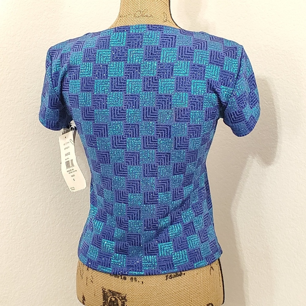 MSK Evening Collection 2 tone Blue Glitter short sleeve top S Iridescent glitter - Picture 6 of 8